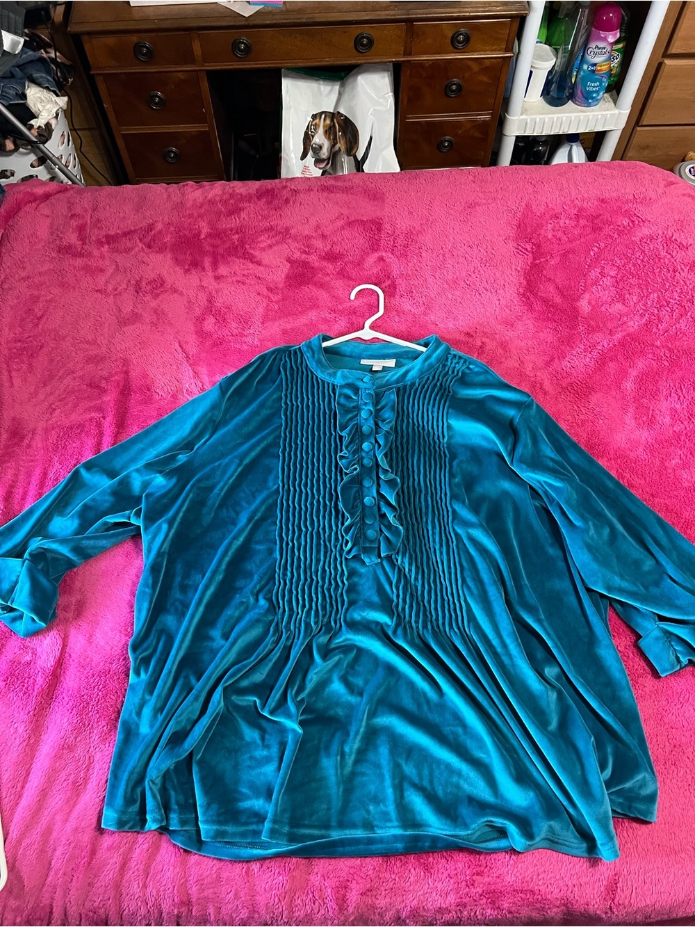 Woman Within Teal Velvet Pintuck Ruffle Blouse